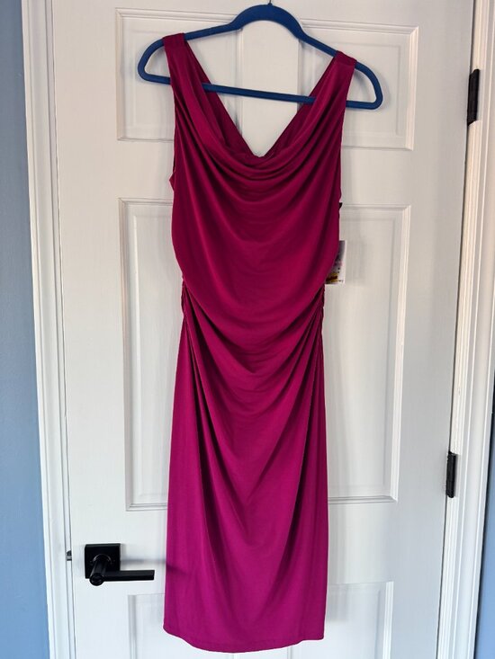NWT Kensie Fuchsia Pink Draped Midi Dress Cowl Neck Ruched Size 10 - Picture 2 of 9
